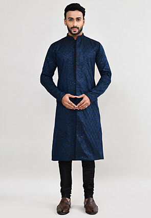 Woven Art Silk Jacquard Kurta Set in Navy Blue