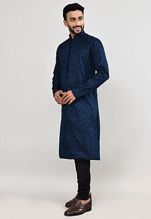 Woven Art Silk Jacquard Kurta Set in Navy Blue