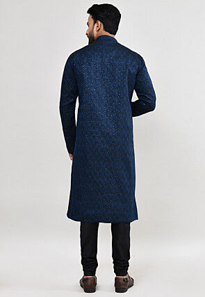 Woven Art Silk Jacquard Kurta Set in Navy Blue
