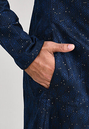 Woven Art Silk Jacquard Kurta Set in Navy Blue