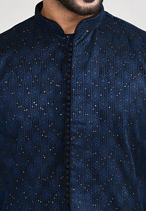 Woven Art Silk Jacquard Kurta Set in Navy Blue