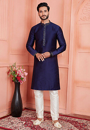 Woven Art Silk Jacquard Kurta Set in Navy Blue