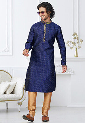 Woven Art Silk Jacquard Kurta Set in Navy Blue