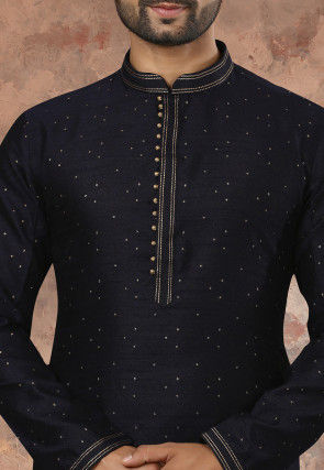 Woven Art Silk Jacquard Kurta Set in Navy Blue