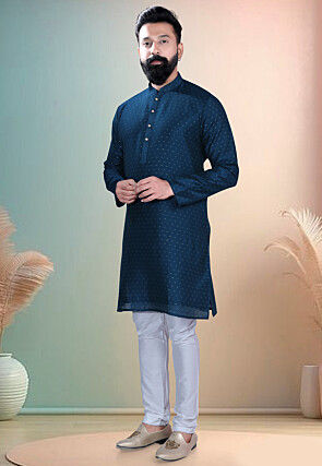 Woven Art Silk Jacquard Kurta Set in Navy Blue