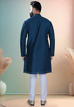 Woven Art Silk Jacquard Kurta Set in Navy Blue