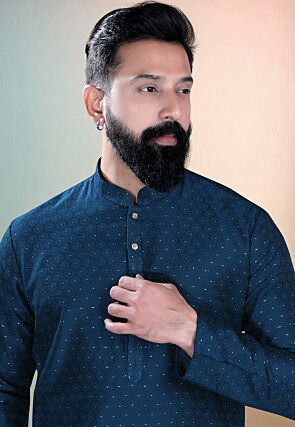 Woven Art Silk Jacquard Kurta Set in Navy Blue