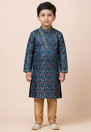Woven Art Silk Jacquard Kurta Set in Navy Blue