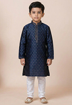 Woven Art Silk Jacquard Kurta Set in Navy Blue