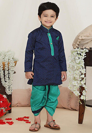 Woven Art Silk Jacquard Kurta Set in Navy Blue