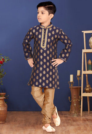 Woven Art Silk Jacquard Kurta Set in Navy Blue