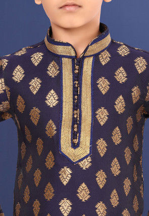 Woven Art Silk Jacquard Kurta Set in Navy Blue