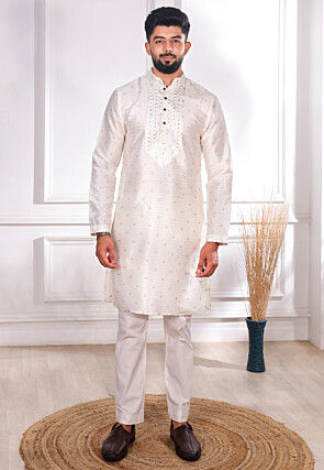 Woven Art Silk Jacquard Kurta Set in Off White
