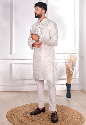 Woven Art Silk Jacquard Kurta Set in Off White
