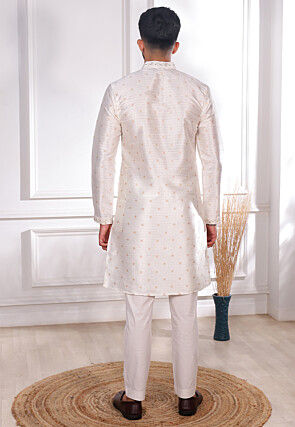 Woven Art Silk Jacquard Kurta Set in Off White