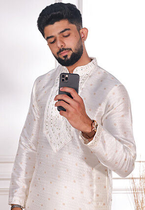 Woven Art Silk Jacquard Kurta Set in Off White