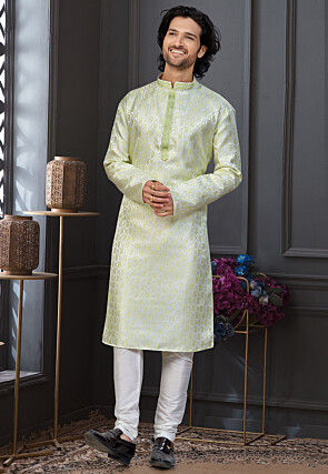 Woven Art Silk Jacquard Kurta Set in Off White