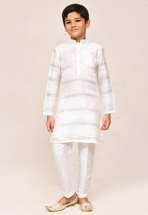 Woven Art Silk Jacquard Kurta Set in Off White