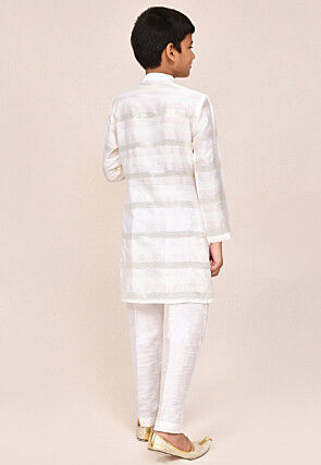 Woven Art Silk Jacquard Kurta Set in Off White