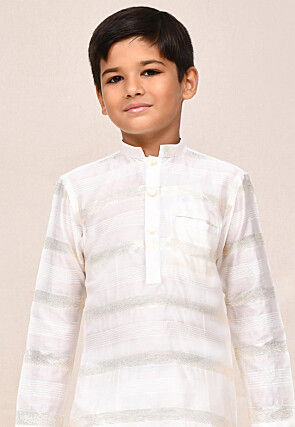 Woven Art Silk Jacquard Kurta Set in Off White