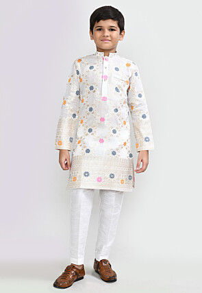 Woven Art Silk Jacquard Kurta Set in Off White