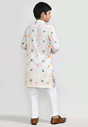 Woven Art Silk Jacquard Kurta Set in Off White