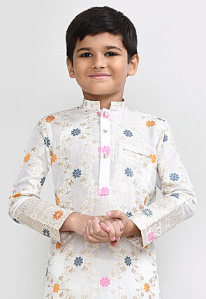 Woven Art Silk Jacquard Kurta Set in Off White