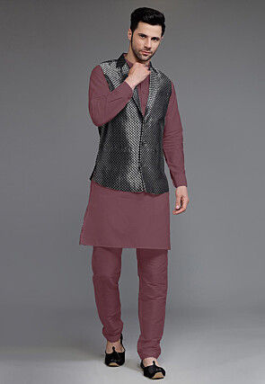 Woven Art Silk Jacquard Kurta Set in Old Rose