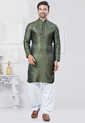 Woven Art Silk Jacquard Kurta Set in Olive Green