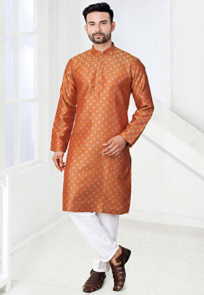Woven Art Silk Jacquard Kurta Set in Orange