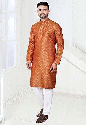 Woven Art Silk Jacquard Kurta Set in Orange