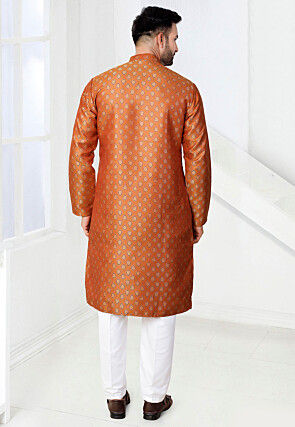 Woven Art Silk Jacquard Kurta Set in Orange