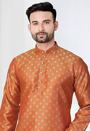 Woven Art Silk Jacquard Kurta Set in Orange
