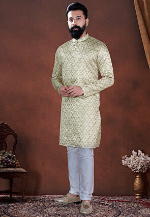 Woven Art Silk Jacquard Kurta Set in Pastel Green