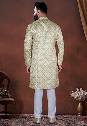 Woven Art Silk Jacquard Kurta Set in Pastel Green