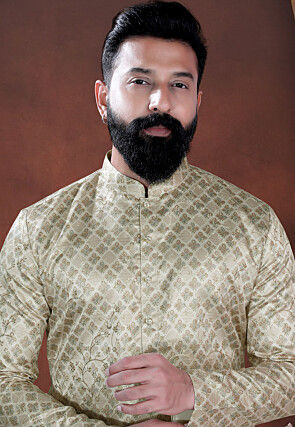 Woven Art Silk Jacquard Kurta Set in Pastel Green