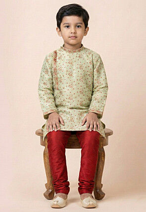 Woven Art Silk Jacquard Kurta Set in Pastel Green