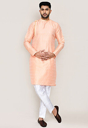 Woven Art Silk Jacquard Kurta Set in Peach
