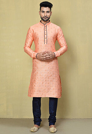 Woven Art Silk Jacquard Kurta Set in Peach