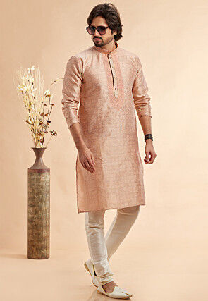 Woven Art Silk Jacquard Kurta Set in Peach