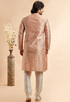 Woven Art Silk Jacquard Kurta Set in Peach