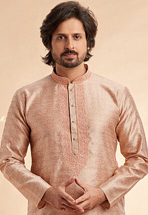 Woven Art Silk Jacquard Kurta Set in Peach