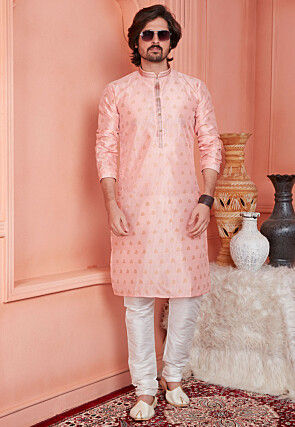 Woven Art Silk Jacquard Kurta Set in Peach