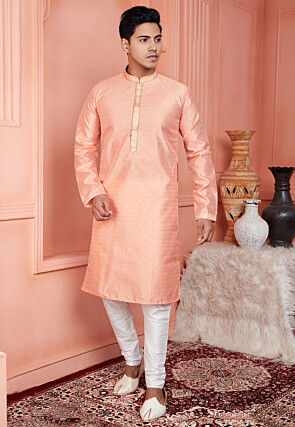 Woven Art Silk Jacquard Kurta Set in Peach