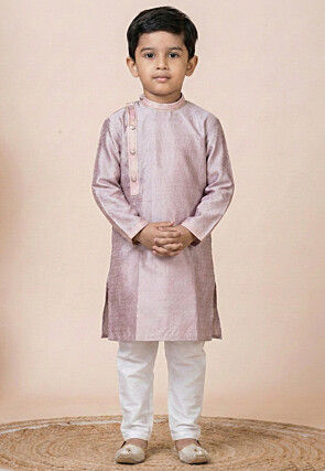 Woven Art Silk Jacquard Kurta Set in Peach