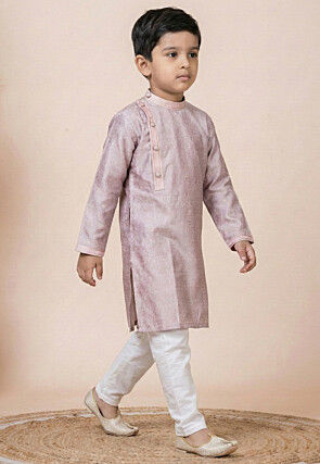 Woven Art Silk Jacquard Kurta Set in Peach