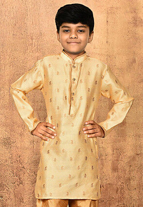 Woven Art Silk Jacquard Kurta Set in Peach