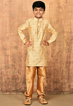 Woven Art Silk Jacquard Kurta Set in Peach