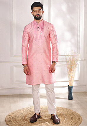Woven Art Silk Jacquard Kurta Set in Pink