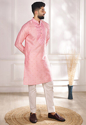 Woven Art Silk Jacquard Kurta Set in Pink